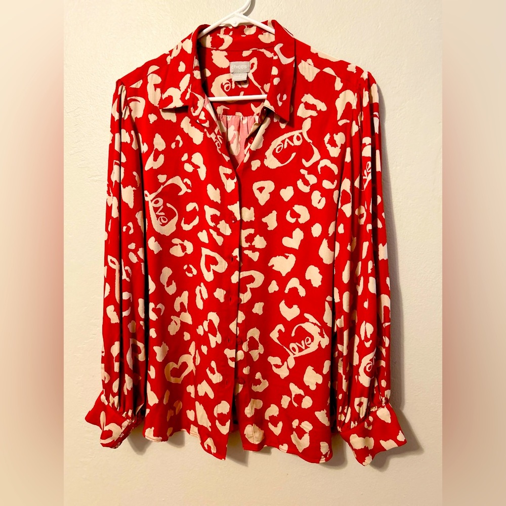 Blouse red and white with harts size 2 Chicos